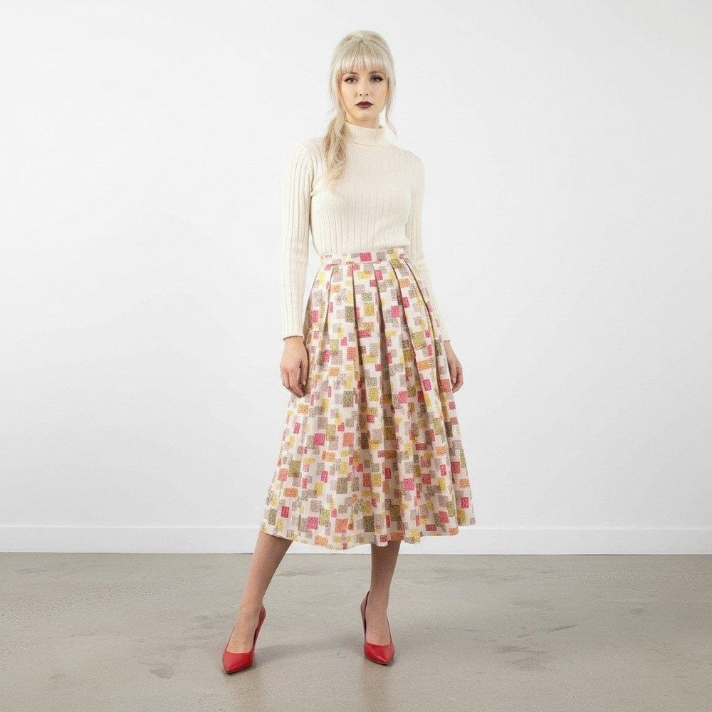 NWT Vintage 1950s Novelty Print Pleated Cotton Midi Skirt XXS